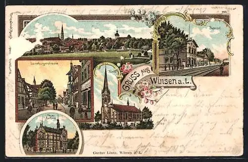 Lithographie Winsen a. L., Bahnhof, Lüneburgerstrasse, Neues Rathaus