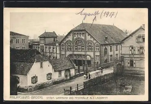 AK Philippsburg /Baden, Städtisches Warmbad und Festhalle als Lazarett aus der Vogelschau