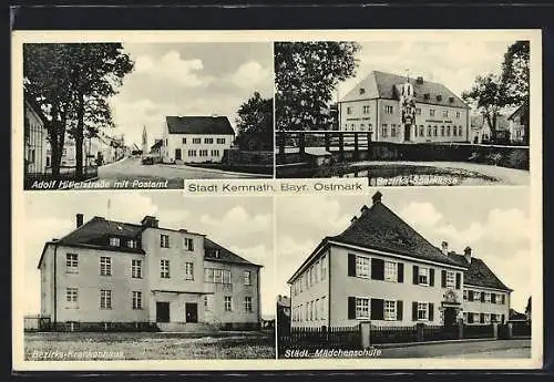 AK Kemnath / Ostmark, Bezirks-Sparkasse, strasse mit Postamt, Städtische Mädchenschule