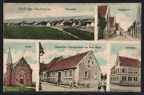 AK Neukirchen / Mehlingen, Zahnatelier und Friseurgeschäft von Peter Kafitz, Schulhaus, Kirche