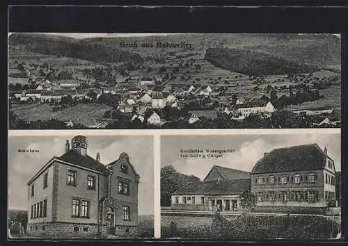 AK Rehweiler / Pfalz, Warengeschäft Ludwig Ohliger, Gesamtansicht aus der Vogelschau, Schule