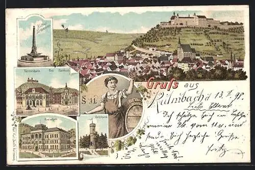 Lithographie Kulmbach, Rehturm, Realschule, Verenshaus mit Post und Rathaus