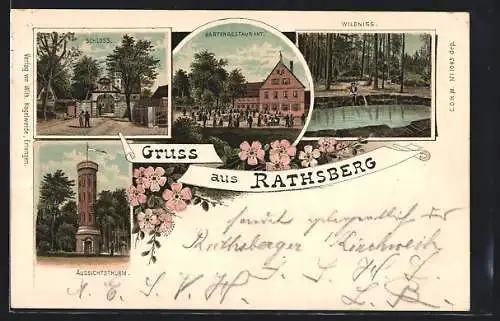 Lithographie Rathsberg, Aussichtsthurm, Schloss, Gartenrestaurant
