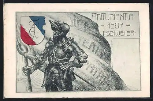 Künstler-AK Eschweiler, Abiturientia 1907, Ritter mit Fahne, Sonne, Wappen