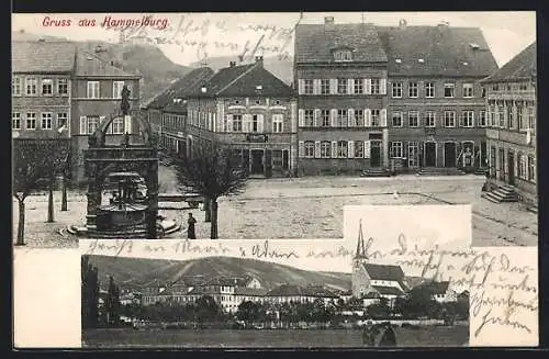 AK Lager Hammelburg, Marktplatz mit Brunnen, Panorama mit Kirche