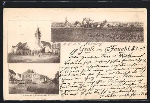 AK Feucht, Marktplatz mit Brunnen, Ortspartie mit Kirche, Panorama