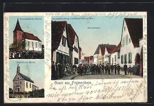 AK Freimersheim / Pfalz, Hauptstrasse mit Spezereihandlung J. Däuwel Ww., protest. u. kath. Kirche