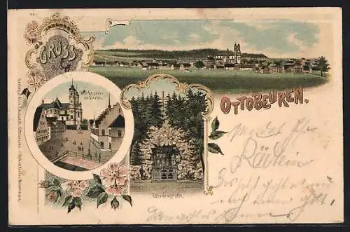 Lithographie Ottobeuren, Marktplatz mit Kirche, Lourdesgrotte, Panorama
