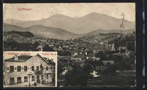 AK Loffenau, Gasthaus zur Sonne, Gesamtansicht mit Bergpanorama aus der Vogelschau