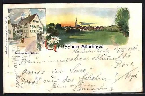 Lithographie Möhringen / Fildern, Gasthaus zum Ochsen mit Strasse, Ortsansicht aus der Ferne
