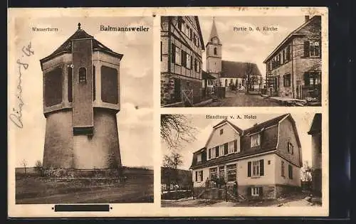 AK Baltmannsweiler, Handlung A. Hofer, Wasserturm, Strassenpartie mit Kirche