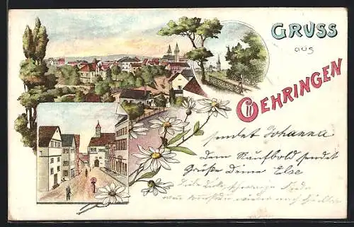 Lithographie Oehringen, Strassenpartie im Ort, Teilansicht