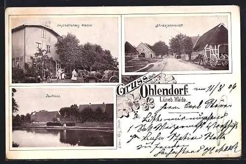 AK Ohlendorf / Lüneburger Heide, Geschäftshaus Maack mit Fuhrwerk, Strassenpartie, Dorfteich