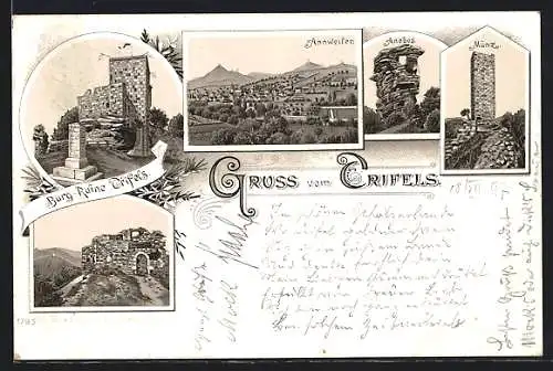 Lithographie Annweiler, Burg-Ruine Trifels, Anebos, Münz, Teilansicht
