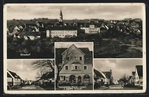 AK Binsdorf, Gemischt-Warengeschäft von Agathe Schadle, Strassenpartie, Teilansicht