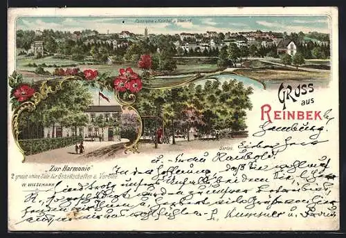 Lithographie Reinbek, Gasthaus Zur Harmonie v. W. Wiesemann, Ortsansicht