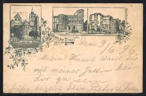 Lithographie Trier, Dom, Porta Nigra, Kaiserpalast