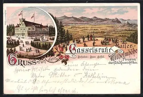 Lithographie Bonn, Kaiser-Wilhelmshöhe oberhalb Kessenich, Pension Casselsruhe, Panorama