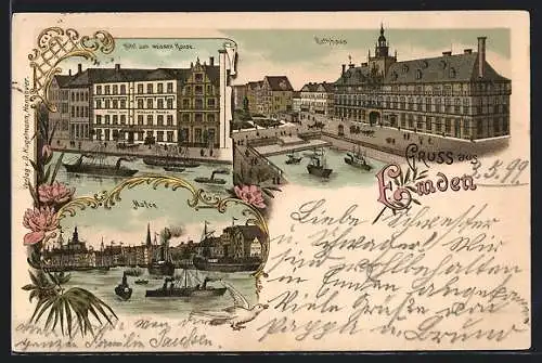 Lithographie Emden / Ostfr., Hotel zum weissen Hause, Hafen, Rathaus