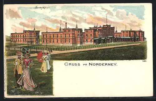 Lithographie Norderney, Hotel Seehospiz mit Anlagen