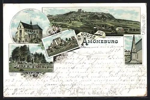 Lithographie Amöneburg / Lahn, Schlossruine, Kirche, Bonifacius-Kapelle