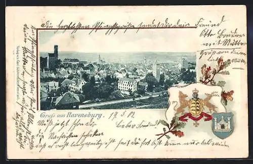 Passepartout-Lithographie Ravensburg / Württ., Teilansicht aus der Vogelschau, Wappen