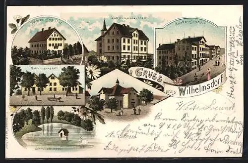 Lithographie Wilhelmsdorf / Württ., Töchter-Institut, Taubstummenanstalt, Knaben-Institut