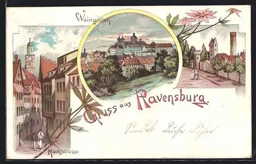 Lithographie Ravensburg / Württ., Marktstrasse, Weingarten, Strasse am Schloss
