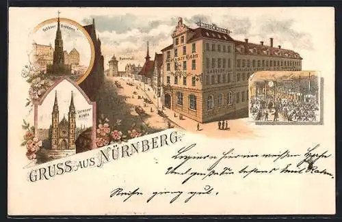 Lithographie Nürnberg, Strassenpartie am Gasthaus Weisser Hahn, Lorenzer Kirche