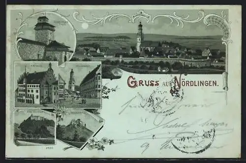 Mondschein-Lithographie Nördlingen, Rathaus, Holzmarkt, Reimlinger Tor