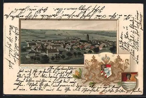 Passepartout-Lithographie Obergünzburg, Totalansicht und Wappen