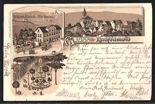 Vorläufer-Lithographie Kirchditmold, 1895, Restaurant Schminke, Brunnen, Ortsansicht