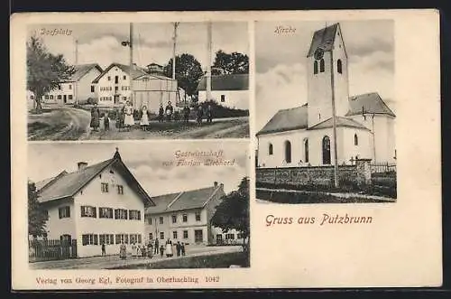 AK Putzbrunn, Gasthaus von Florian Liebhard, Dorfplatz, KIrche