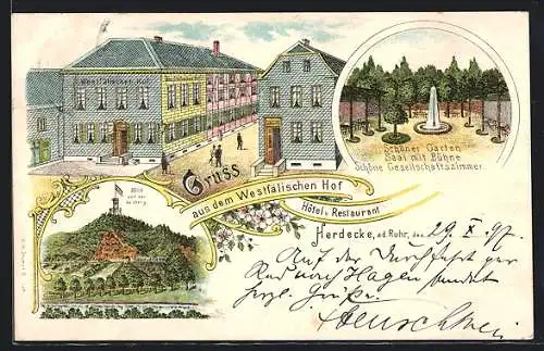 Lithographie Herdecke a. d. Ruhr, Hotel u. Restaurant Westfälischer Hof, Blick auf den Kaisberg