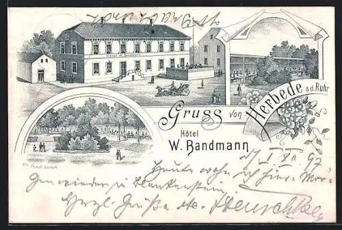 Lithographie Herbede a. d. Ruhr, Hotel W. Bandmann mit Restaurant und Garten