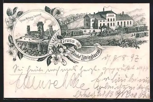 Lithographie Löttringhausen, Bahnhof, Kaiser Wilhelm Denkmal