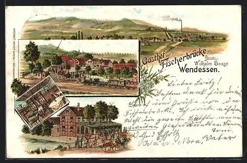 Lithographie Wendessen, Gasthof zur Fischerbrücke, Ortsansicht mit einfahrendem Zug