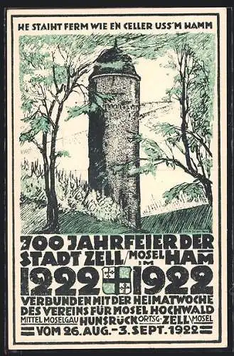 Künstler-AK Zell / Mosel, Am Turm, Karte für die 700 Jahrfeier 1222-1922
