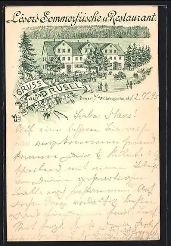 Vorläufer-Lithographie Drusel b. Wilhelmshöhe, 1895, Löser`s Restaurant und Sommerfrische