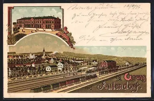 Lithographie Aulendorf, Bahnhof und Schule