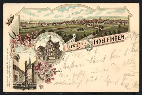 Lithographie Sindelfingen, Altes Rathaus, Herzog-Ulrich Brunnen, Ortsansicht