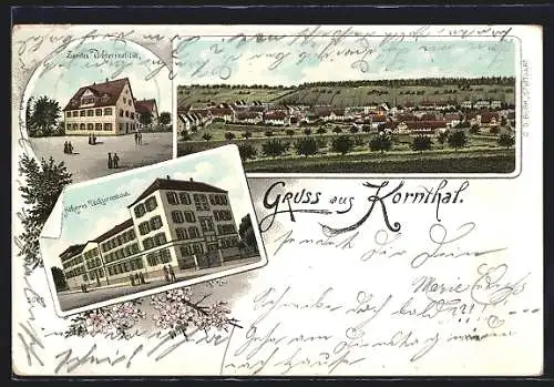 Lithographie Kornthal / Württ., Teilansicht, Höheres Töchterinstitut, Zweites Töchterinstitut