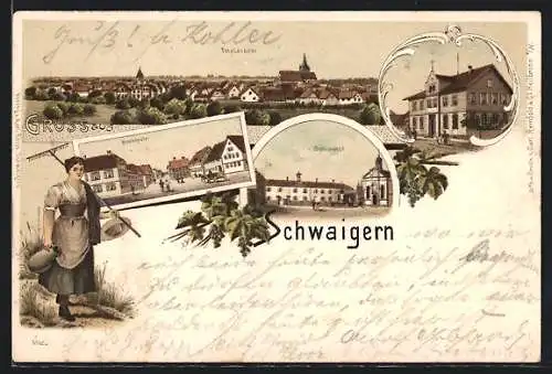 Lithographie Schwaigern, Schlosshof, Marktplatz, Bäuerin auf dem Feld