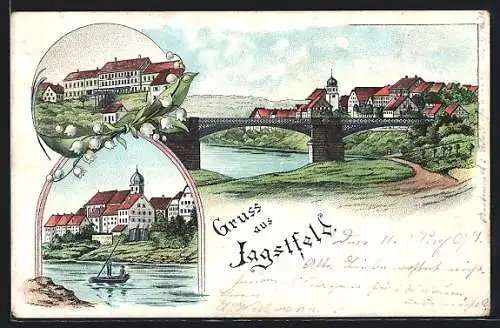 Lithographie Jagstfeld, drei Motive des Ortes