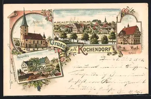 Lithographie Kochendorf / Württ., Kirche, Zwingenberg, Rathaus