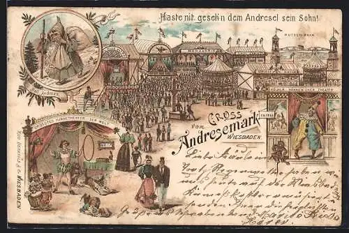 Lithographie Wiesbaden, Volksfest Andresemark mit Rutsch-Bahn, Hundetheater, Zwerg