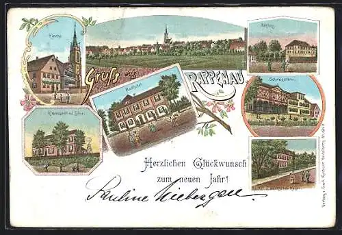 Lithographie Rappenau, Badhotel, Schweizerbau, Gasthof z. deutschen Kaiser, Kirche, Kindersoolbad