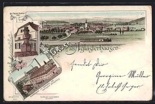 Lithographie Aglasterhausen, Dampfziegelei mit Hochbahn, Karl Theodor Denkmal