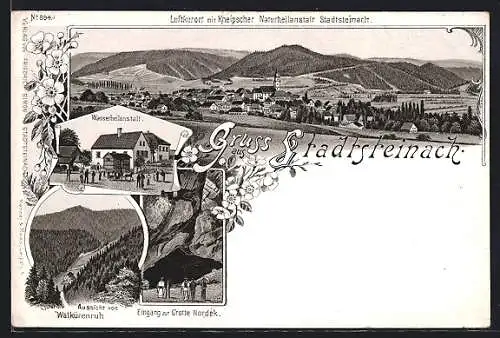 Lithographie Stadtsteinach, Ortsansicht, Wasserheilanstalt, Eingang z. Grotte Nordek, Aussicht von Walkürenruh