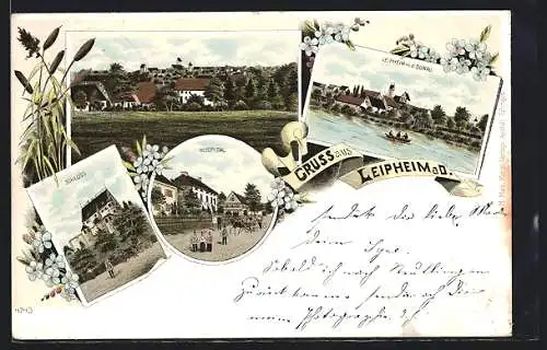 Lithographie Leipheim a. D., Ortsansicht, Ortsansicht, Ortsansicht, Schloss, Hospital